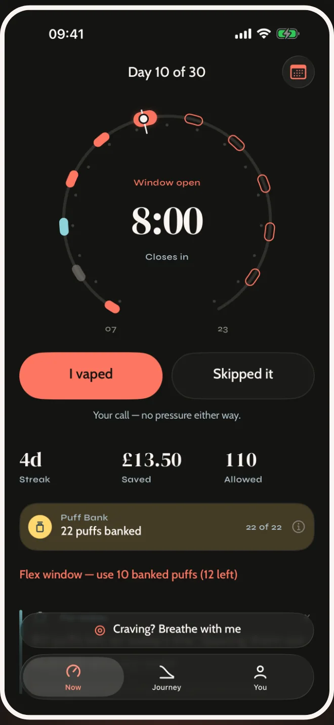 The same Now screen in dark mode.