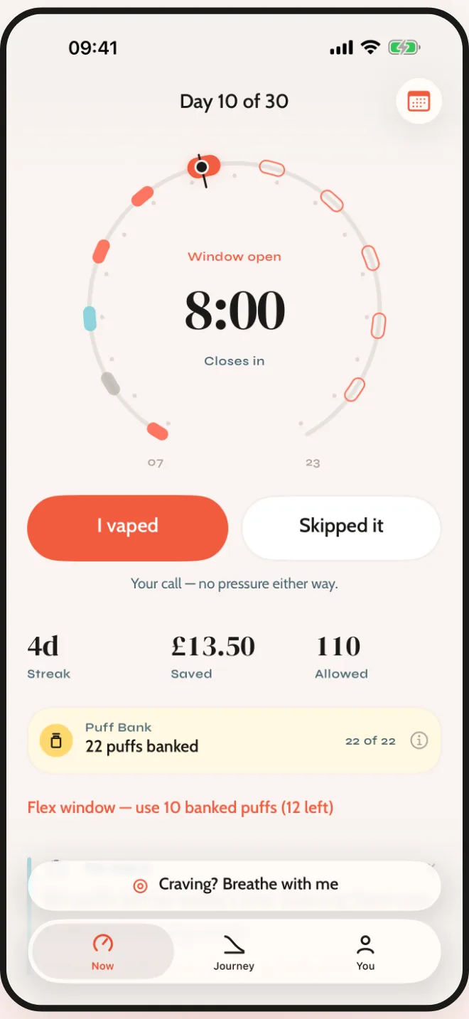 The Now screen: a window is open, with one-tap I vaped and Skipped it buttons under the day dial.